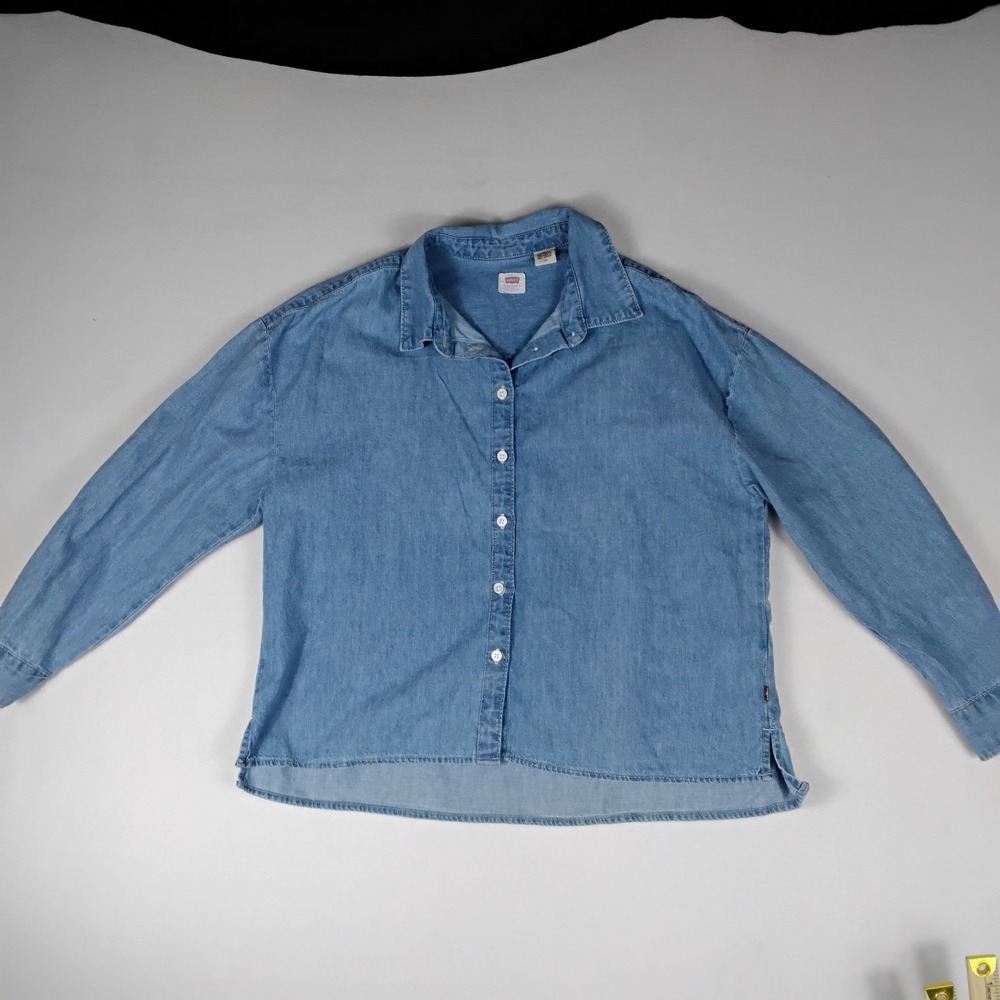 Levis Womens Long Sleeve Denim Polo Shirt Blue Cotton Hemp Large L 1078